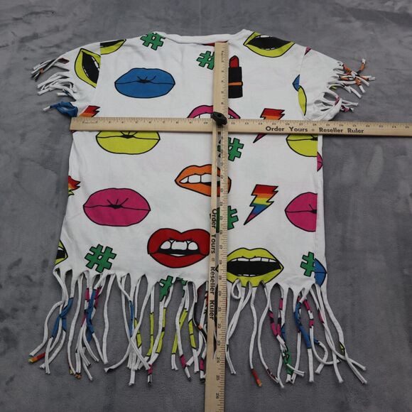 On Fire Shirt Womens L Multicolor Short Sleeve Crew Neck Fringe Hem Tee - Picture 3 of 14